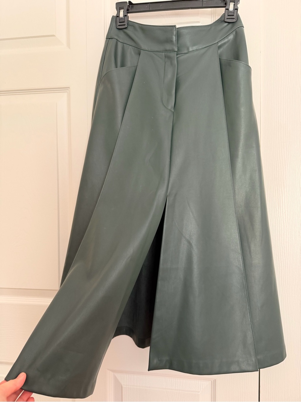 ZARA S Faux Leather Midi Skirt Green A-Line High Waist Panel Detail Pockets chic - Picture 4 of 10